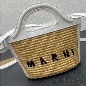 Marni Tan and White Mini Woven Bag
